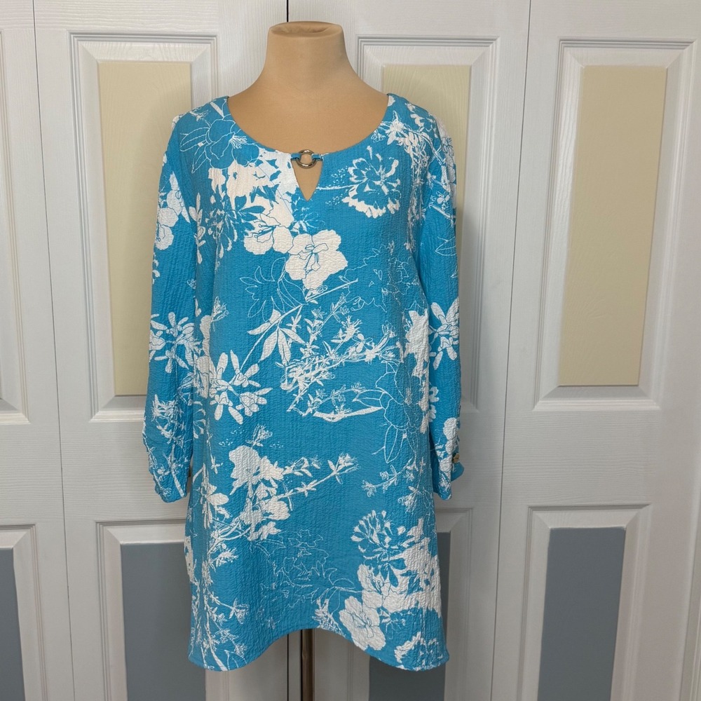 JM Collection Womens Blue White Floral Seersucker Tunic Top Ring V-Neck Large